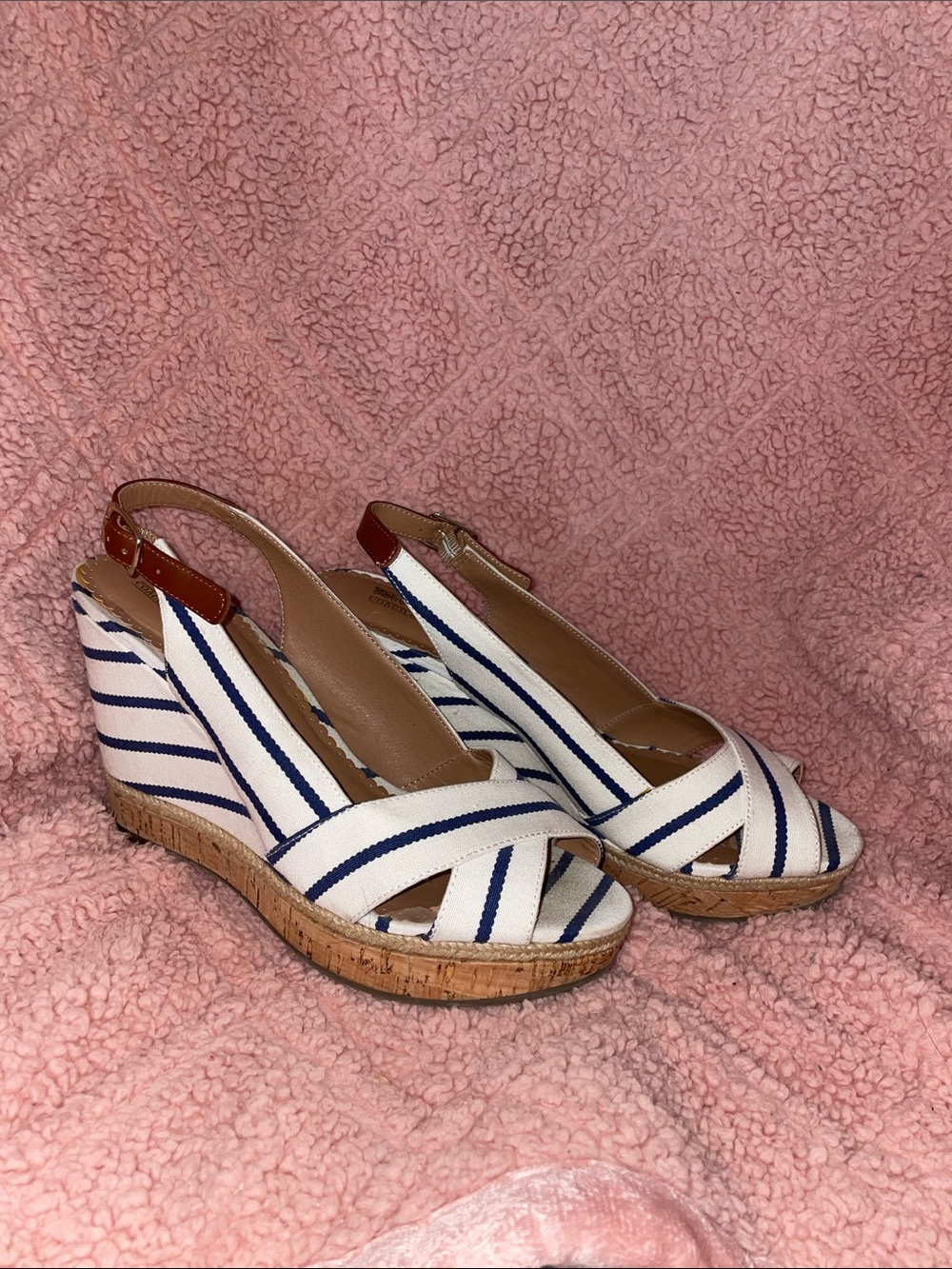 Coach and Four Navy & White Striped Slingback Wedge Sandals